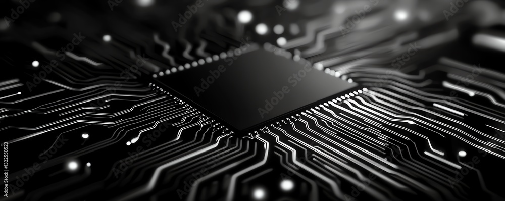Poster a close-up view of a computer chip showcasing intricate circuit patterns and metallic components, re