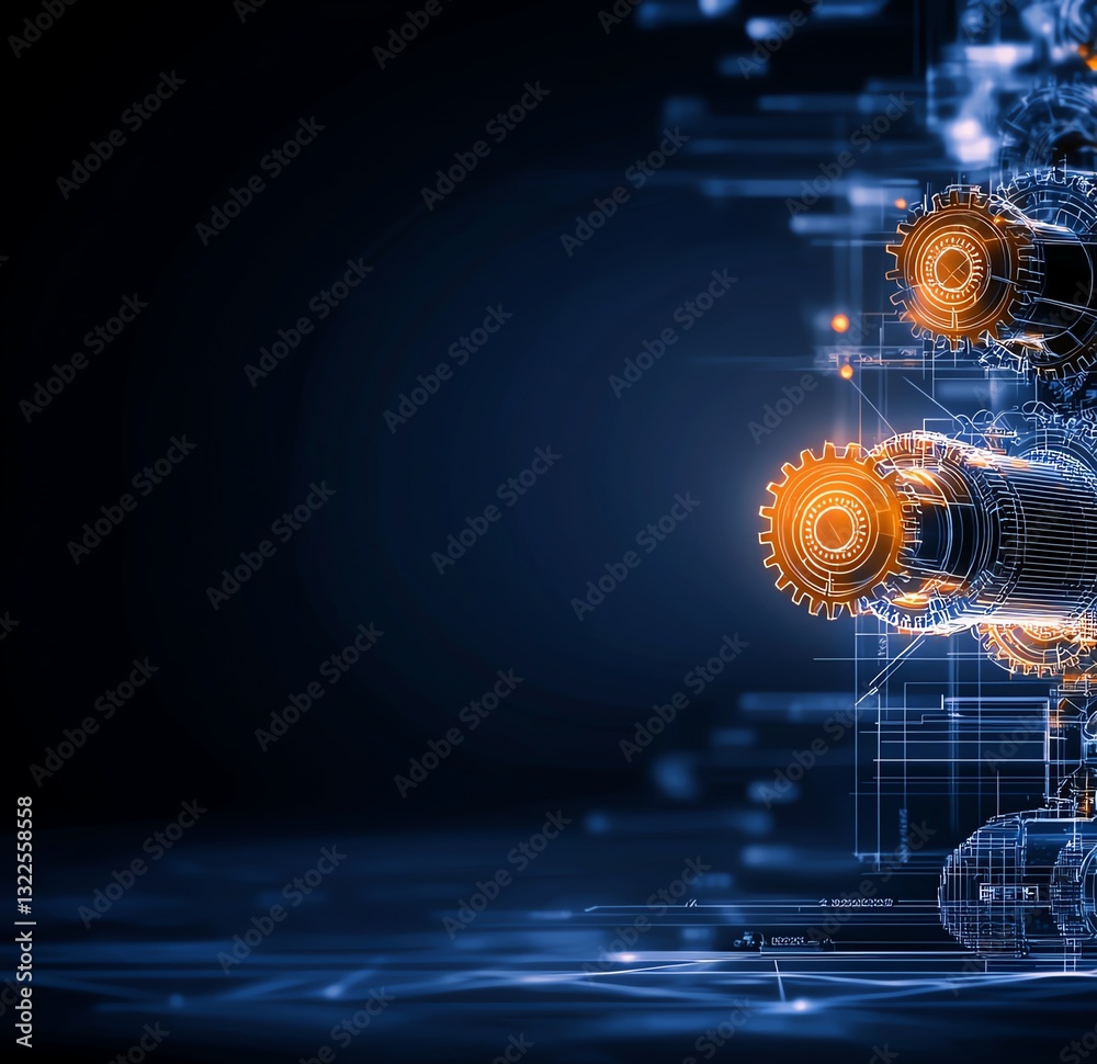 Poster an abstract representation of advanced technology featuring digital gears and circuits, highlighting