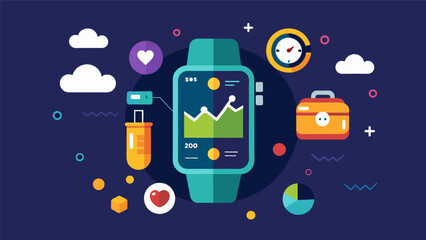 Take control of your overall wellbeing by using your fitness tracker to track not just physical activity but also stress levels sleep hydration and nutrition.. Vector illustration