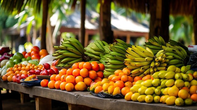 Vibrant tropical fruits on display at outdoor market in Sri Lanka with clean lines and minimalistic approach