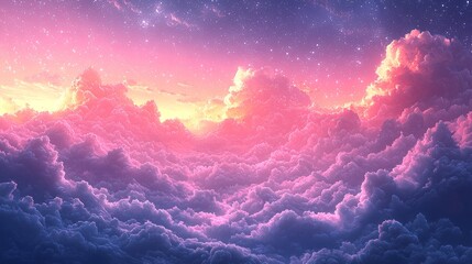 Delicate, whimsical clouds in watercolor glide across a pastel background transitioning from pink to blue, inducing a sense of peace and marvel