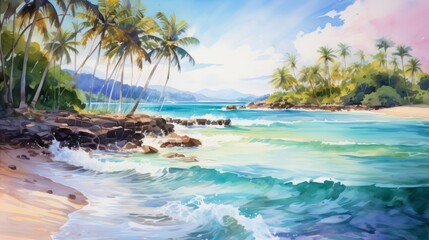 Vibrant Watercolor Illustration of a Tropical Beach with Palm Trees and Clean Lines