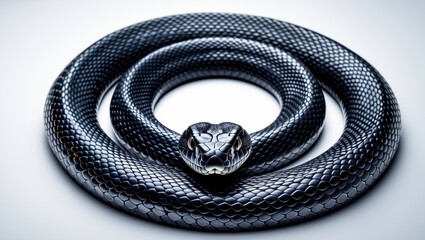 Sleek Dark Grey to Black Snake with Scaled Skin Coiled on White Backdrop in Studio Lighting Isolated Close Up Detailed Reptile Portrait