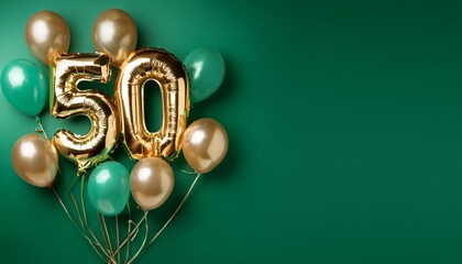 Banner with number 50 balloons on green background with copy space. Generated image