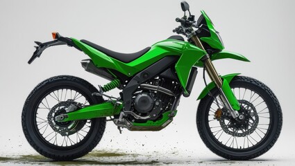 Obraz premium Sleek High Performance Green Offroad Motorcycle on White Backdrop in Studio Shot