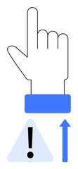 Obraz premium Raised hand with upward arrow and alert triangle conveys caution, attention, progress, and decision-making. Ideal for warning, guidance, priority, focus, direction education flat simple metaphor