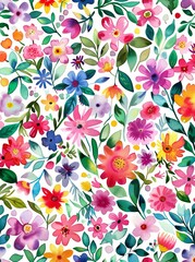 Vibrant watercolor illustration of colorful flowers and leaves scattered on a white background