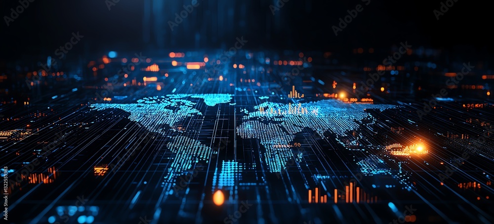 Poster a futuristic digital globe representation, showcasing advanced technologies connected through glowin