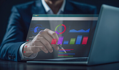 Interactive Business Analytics Concept: A businessman utilizes an interactive touch screen to navigate complex business analytics, emphasizing the integration of advanced digital tools in strategic pl