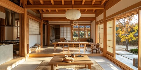 A spacious interior of a traditional home with wooden beams