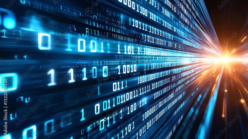 Aufkleber a mesmerizing visual of digital data flow with binary code illuminated in blue and orange hues, symb