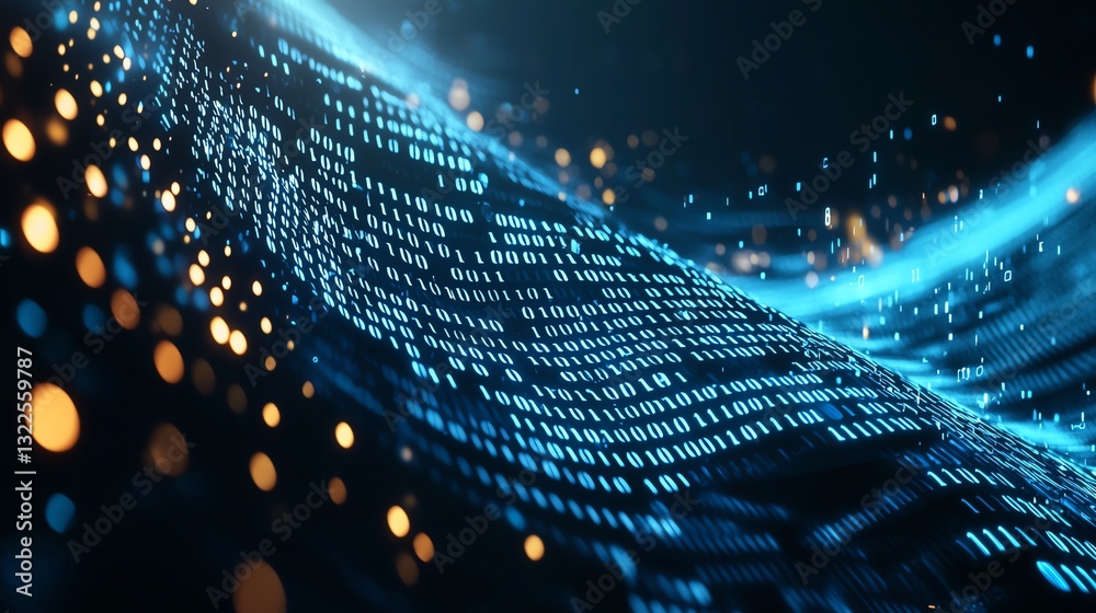 Poster a stunning digital wave of binary code illuminated with vibrant blue lights and golden particles. th