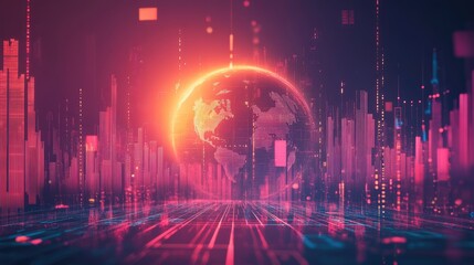 Naklejka premium A conceptual futuristic economy with a split-color world globe, floating bitcoins, and holographic financial charts.