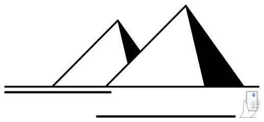 Black and white geometric pyramids beside a navigation icon. Ideal for travel, destination, history, exploration, navigation, geography, technology. Flat simple metaphor