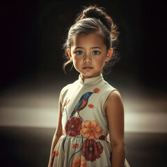 A young girl with expressive eyes stands in a softly lit setting, wearing a dress adorned with floral and bird motifs. Her hair is elegantly styled in an updo, complementing her poised expression.