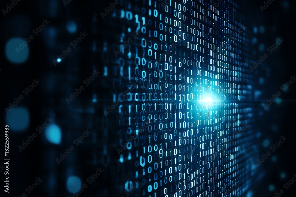 Poster a futuristic digital backdrop featuring a cascade of binary code illuminated by a glowing blue light