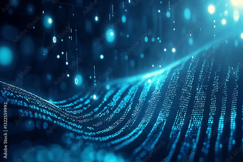 Poster an abstract representation of digital data flowing in waves, showcasing a futuristic and high-tech e