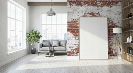 Modern loft living room with exposed brick wall and large window