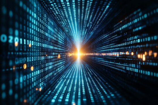 A dynamic representation of digital data streaming through a tunnel of binary code, symbolizing the rapid advancement of technology and the flow of information in the digital age.