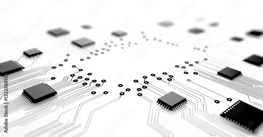 Poster a close-up view of intricate circuit board designs showcasing various microchips creating a modern t