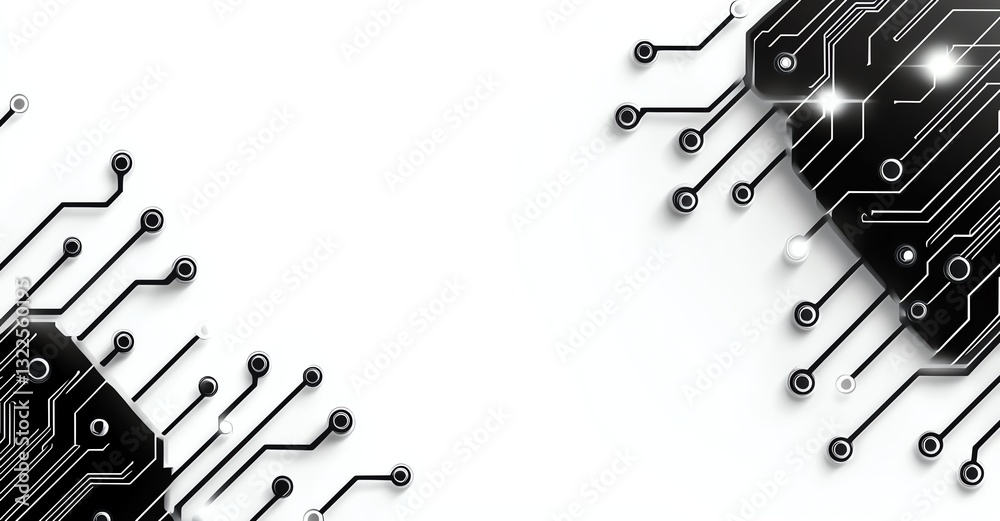 Poster abstract illustration of a circuit board design featuring intricate lines and nodes, creating a mode