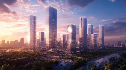 Modern Cityscape at Sunset, Stunning Architectural Rendering