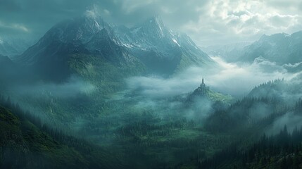 Majestic mountains rise above lush valleys and a distant castle