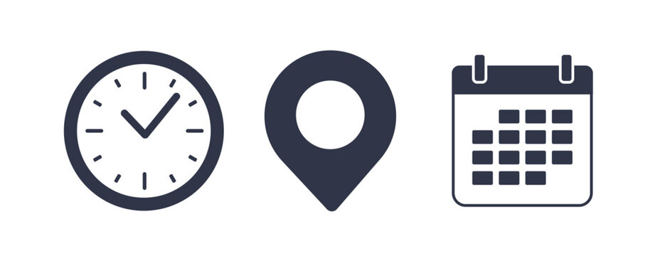 Time, date and address icon set. Travel concept or booking. Calendar, clock, location. Editable vector. Filled vector