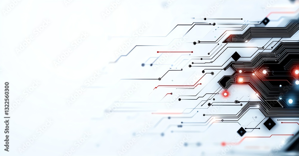 Poster futuristic circuit board design with intricate lines and glowing nodes, representing advanced techno