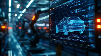 A futuristic car design displayed on a digital screen within a high-tech manufacturing environment, showcasing advanced robotics and automation in the automotive industry.