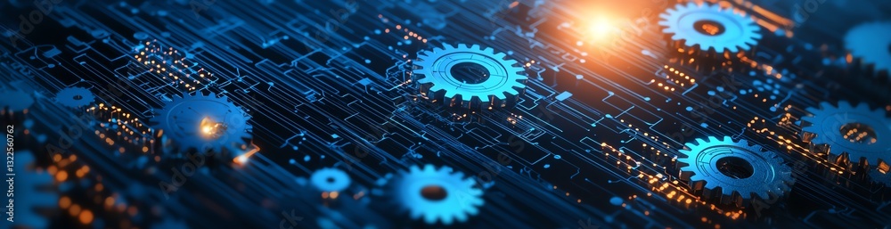 Poster a close-up view of intricate gears and circuits representing advanced technology and innovation. ide