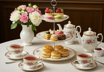 Fine ceramic set, teacup set, delicious food, vase, table, Elegant high tea setup with fine china, pastries, and fresh flowers