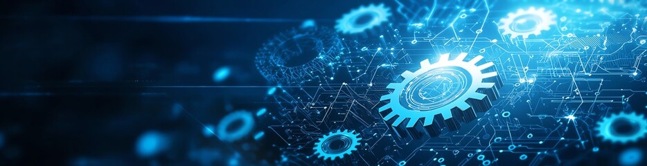 A futuristic digital representation of gears and technological elements, illustrating the concept of automation and innovation in modern industry. Perfect for tech-related visuals.