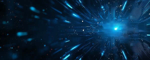 A dynamic blue abstract background illustrating speed and motion. Light rays and particles create a sense of futuristic technology and innovation, perfect for digital themes.