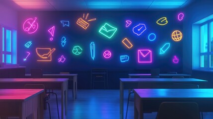 Fototapeta premium A concept virtual learning space with floating neon-themed academic symbols set in a cyber-education environment.