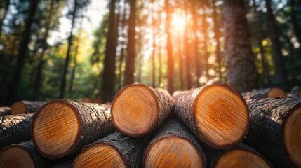 Sunlit Forest Lumber, Stack of Logs in a Golden Hour Forest