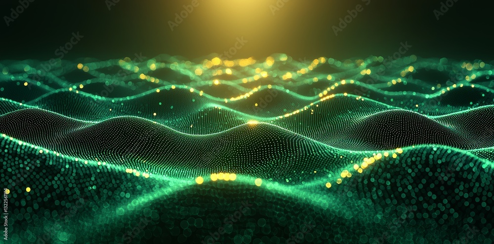 Poster an abstract green background with gradient dots and wavy lines, styled in a gradient halftone patter
