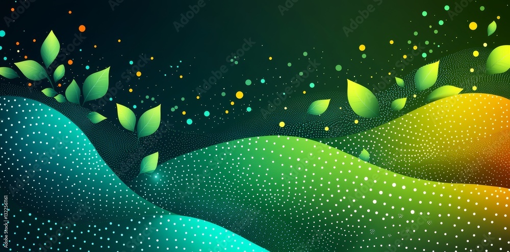 Poster gradient halftone pattern on a green abstract background with gradient dots and wavy lines