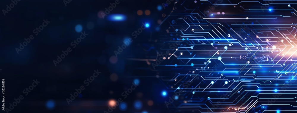 Poster abstract digital data background featuring glowing lines and nodes representing technological connec