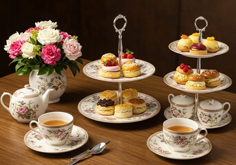 Fine ceramic set, teacup set, delicious food, vase, table, Elegant high tea setup with fine china, pastries, and fresh flowers