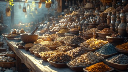 Ancient market stall overflowing with spices © MABRUR