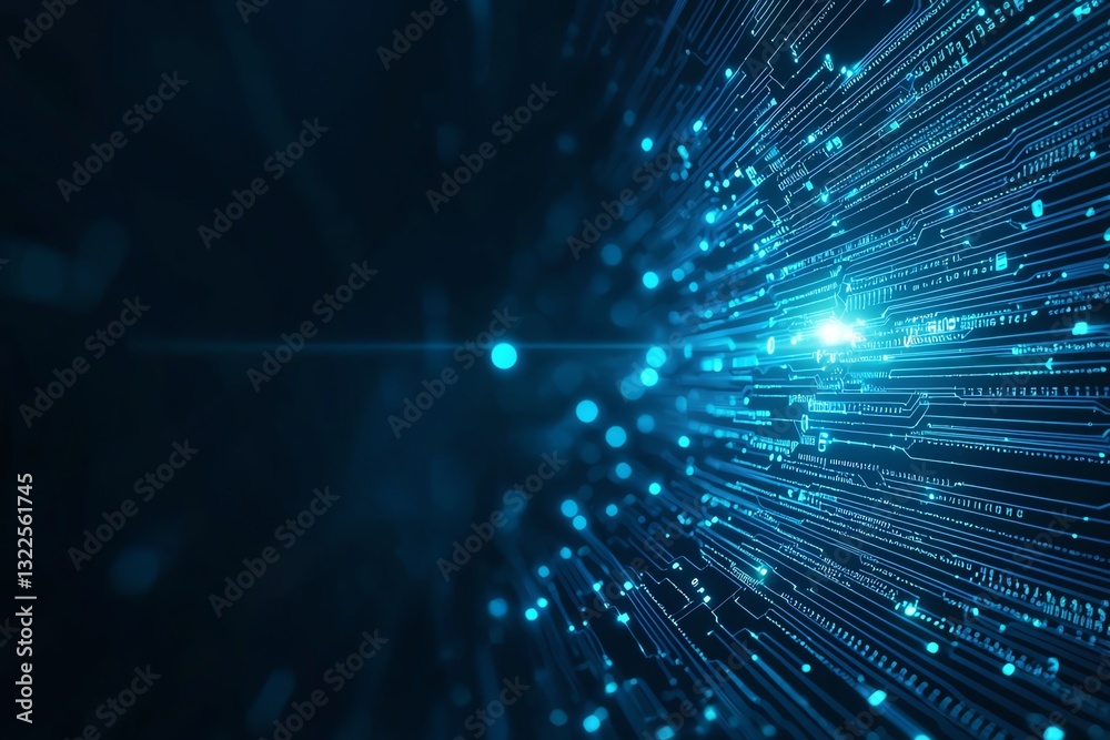 Poster an abstract representation of technology featuring vibrant blue light rays emanating from a central 