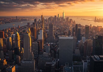 Sunset over manhattan: aerial view of new york city skyline with skyscrapers and hudson river