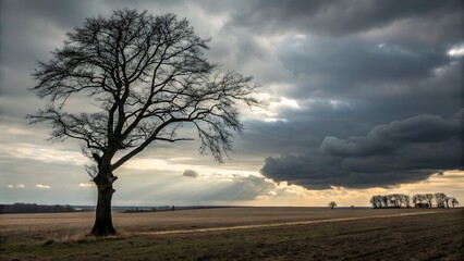 Naklejka premium Leafless tree with dramatic clouds moody sky natural silhouette serene outdoor scene contemplative vibe
