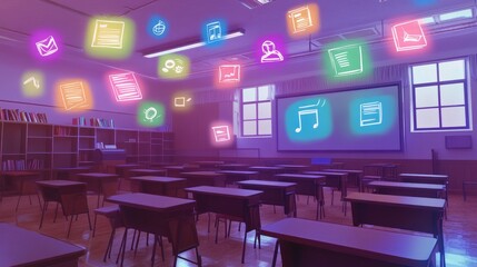 Obraz premium A digital concept design for online learning with floating icons representing virtual lessons, digital classrooms, and internet education tools.