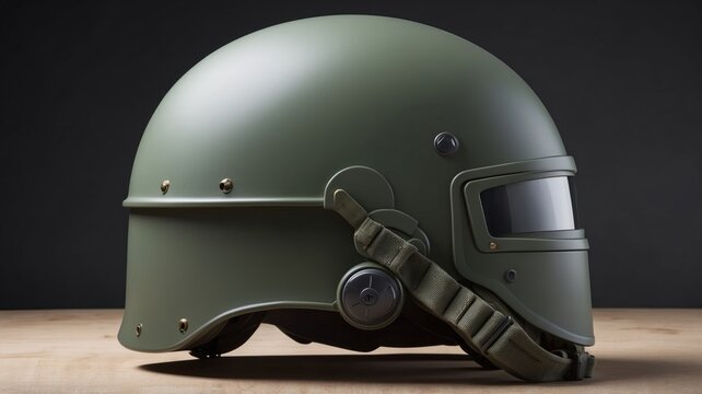 Protective Tactical Helmet with Visor and Chin Strap on Wooden Surface