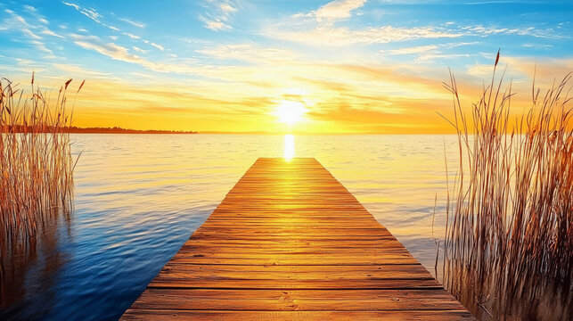 serene sunset over calm lake, with wooden pier extending into water, surrounded by tall grasses