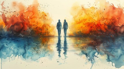Fototapeta premium Watercolor illustration of Jesus Baptism with abstract minimalistic background and copyspace