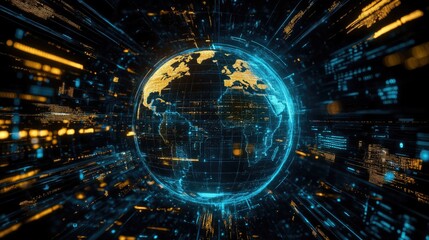 Fototapeta premium A digital economy theme with a glowing blue-yellow world globe, data points, and fluctuating currency exchange rates.