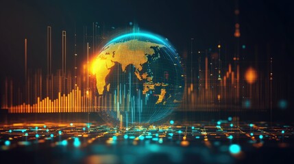 Obraz premium A digital economy theme with a glowing blue-yellow world globe, data points, and fluctuating currency exchange rates.